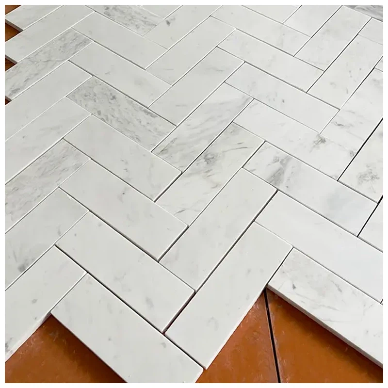 Volakas White Marble Herringbone Mosaic Tile
